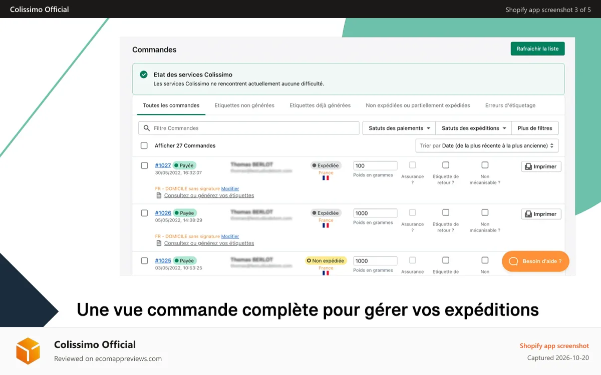 Colissimo Official Shopify app screenshot: Colissimo Orders View