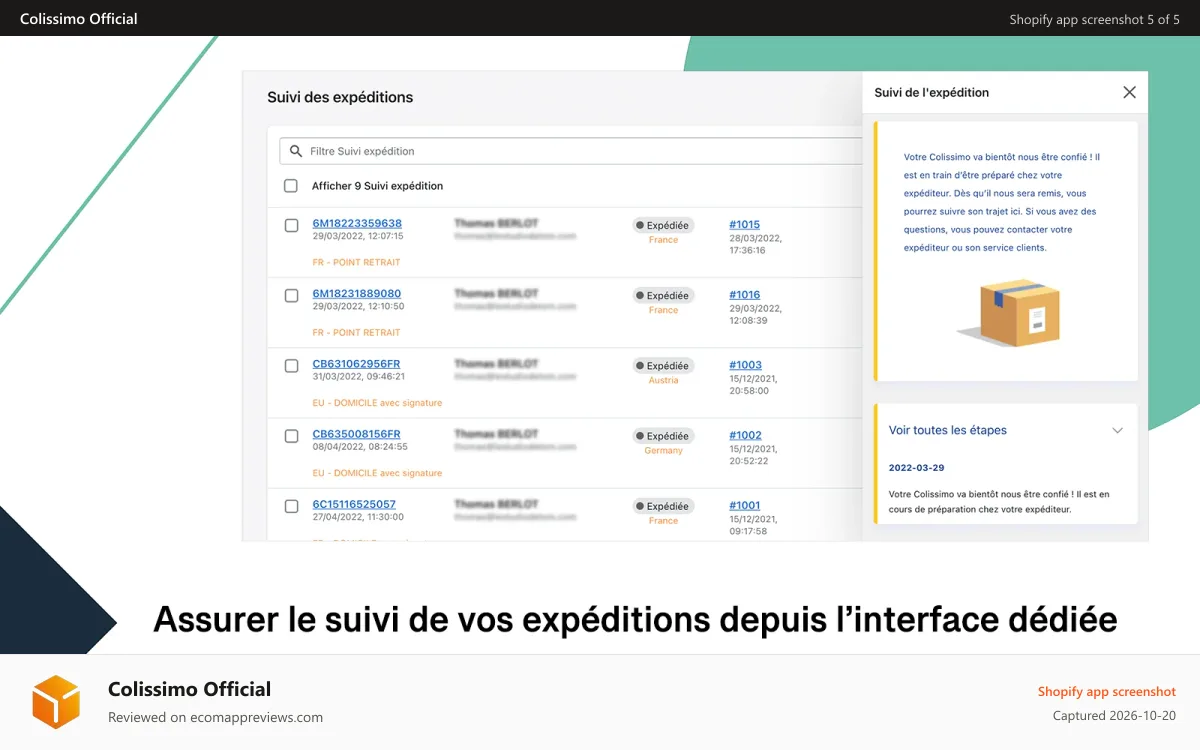 Colissimo Official Shopify app screenshot: Colissimo Shipments tracking View