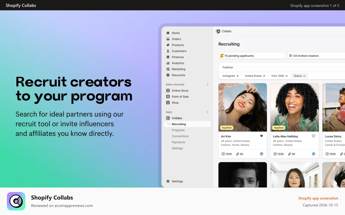 Shopify Collabs Shopify app screenshot: Recruit creators to your program
