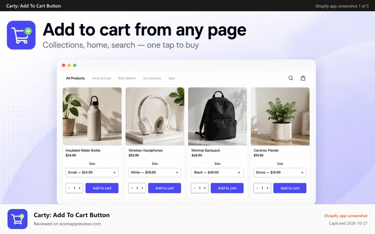 Carty: Add To Cart Button Shopify app screenshot: Add to cart buttons on every product in a collection