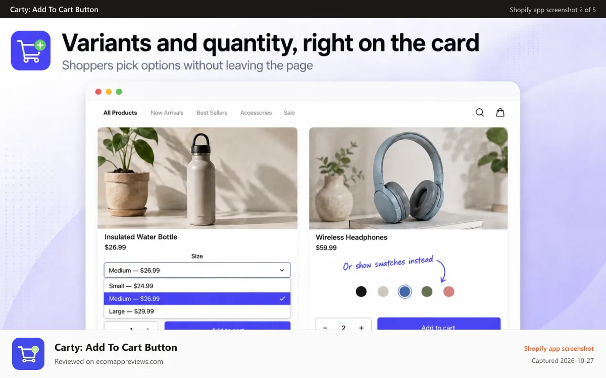 Carty: Add To Cart Button Shopify app screenshot: Variants and quantity right on the product card