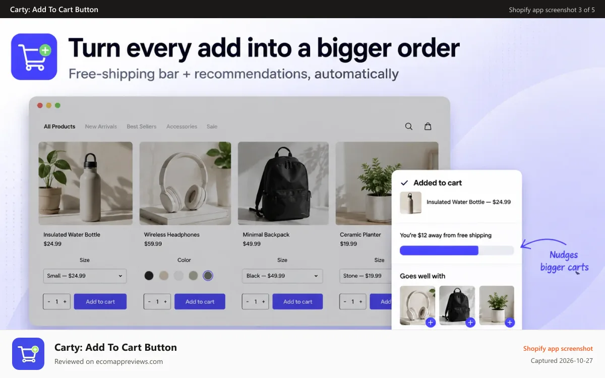 Carty: Add To Cart Button Shopify app screenshot: Free shipping progress bar and recommendations after add
