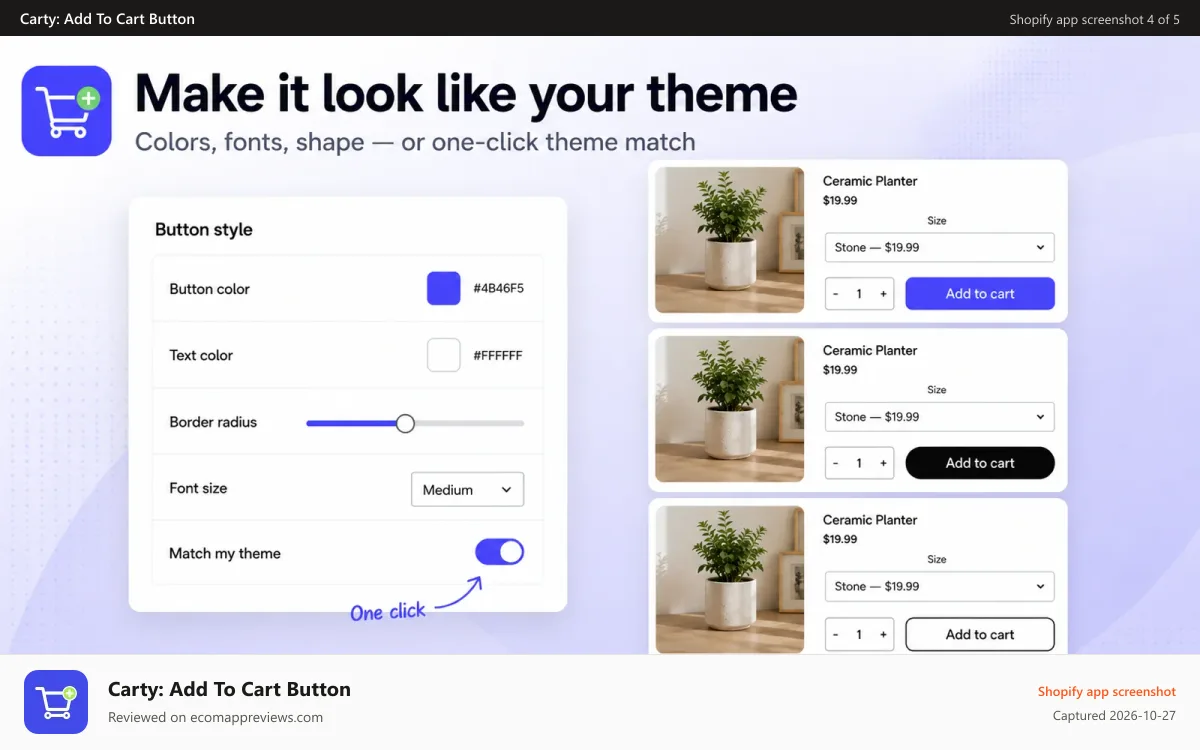 Carty: Add To Cart Button Shopify app screenshot: Every button styled to match your theme