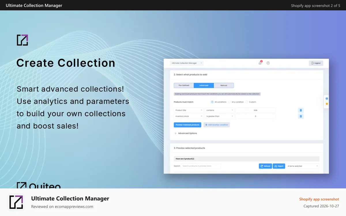 Ultimate Collection Manager Shopify app screenshot: Create Collection