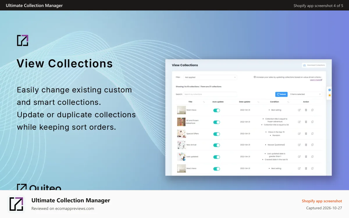Ultimate Collection Manager Shopify app screenshot: Collections