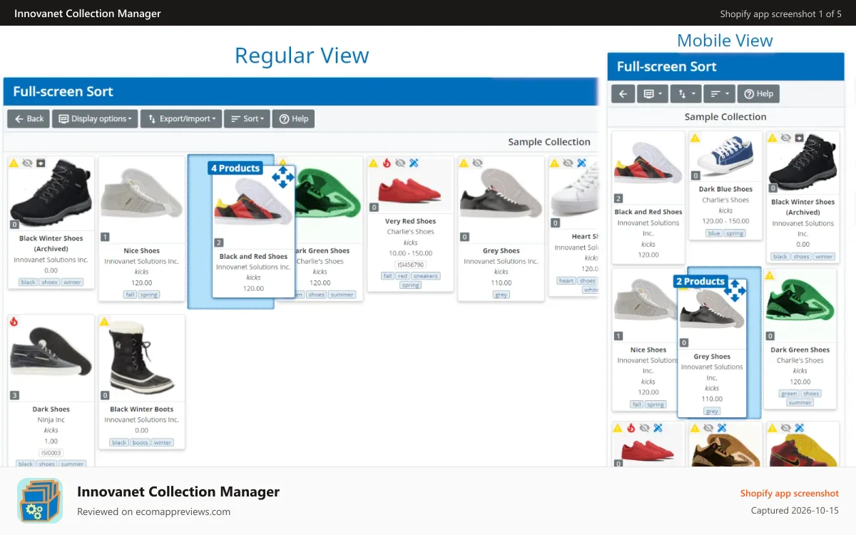 Innovanet Collection Manager Shopify app screenshot: Sorting with Custom Display Options and Alerts