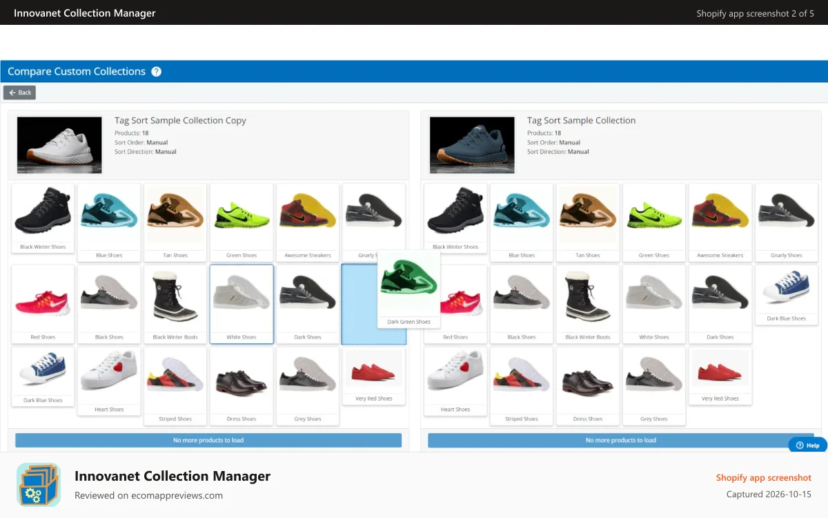 Innovanet Collection Manager Shopify app screenshot: Drag and Drop Between Collections