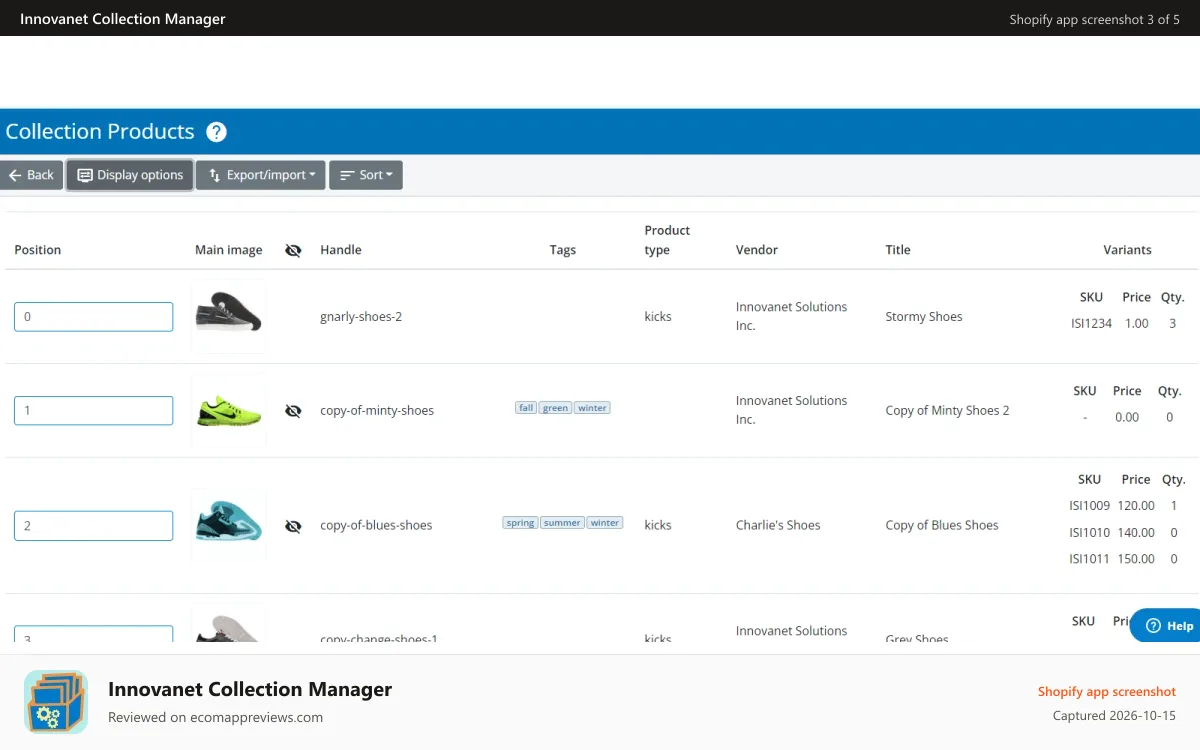 Innovanet Collection Manager Shopify app screenshot: Sort Numerically