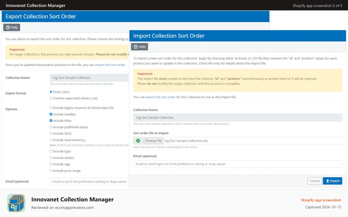 Innovanet Collection Manager Shopify app screenshot: Export / Import Sort Orders