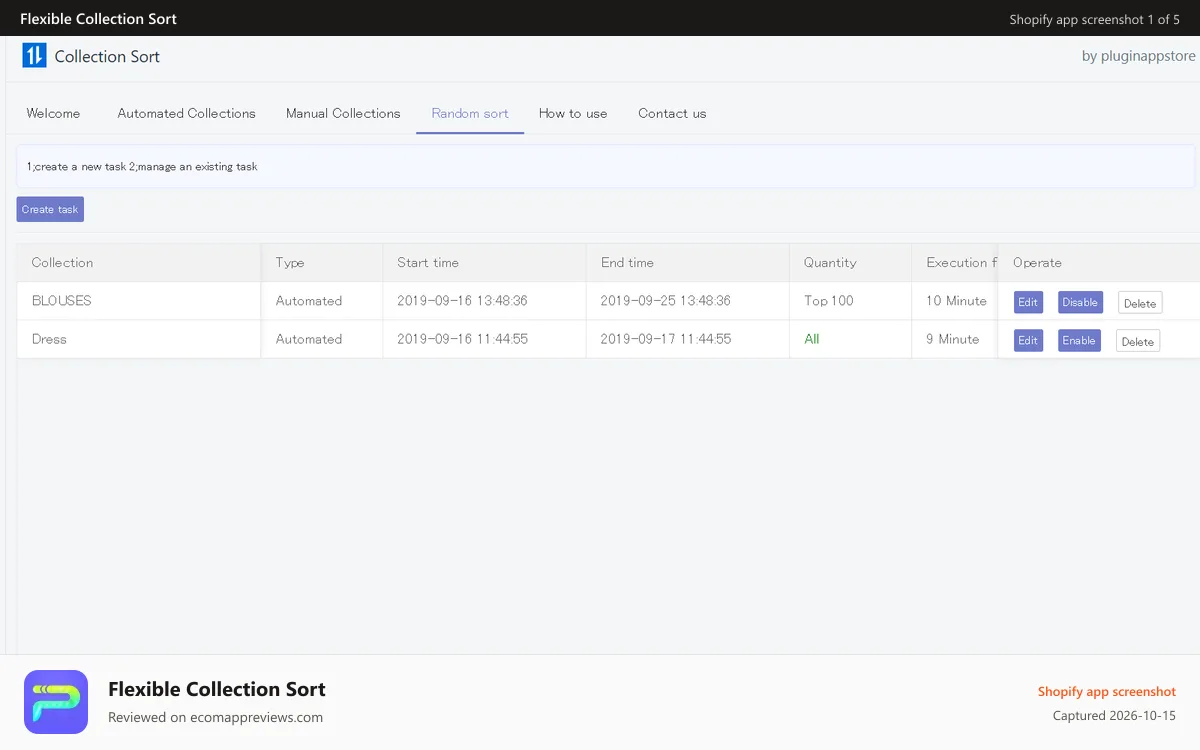 Flexible Collection Sort Shopify app screenshot: Automatic Random Sort