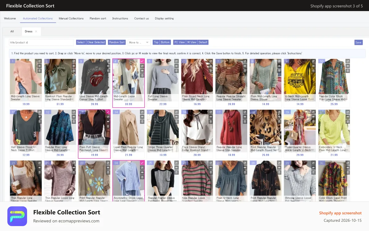 Flexible Collection Sort Shopify app screenshot: Multi-product Simultaneous Sorting