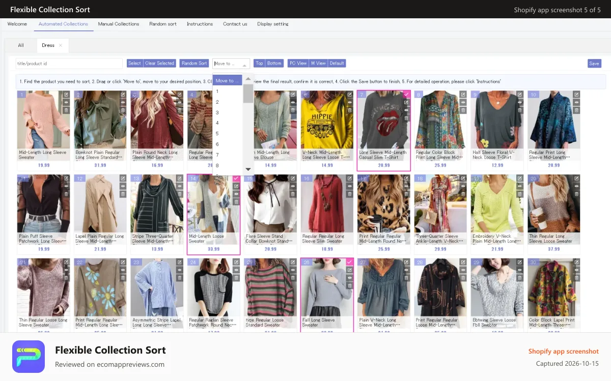 Flexible Collection Sort Shopify app screenshot: Multi-product Rapid Positioning