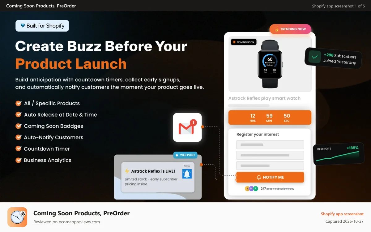 Coming Soon Products, PreOrder Shopify app screenshot: Product coming soon page with countdown & notify me waitlist