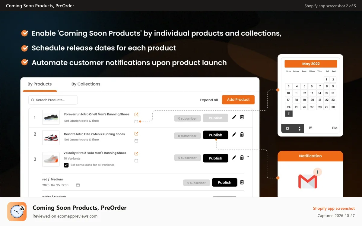 Coming Soon Products, PreOrder Shopify app screenshot: Coming soon product launch scheduler with auto customer alerts