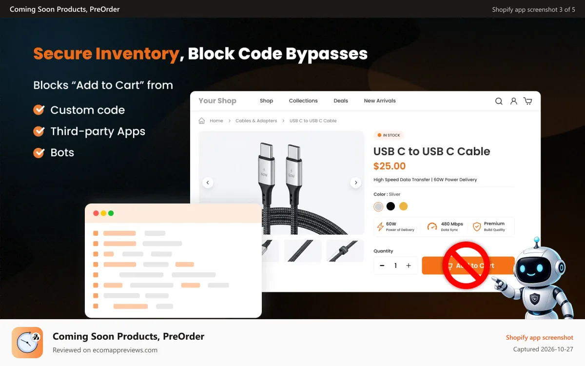 Coming Soon Products, PreOrder Shopify app screenshot: Protect coming soon product inventory from bots & code bypass