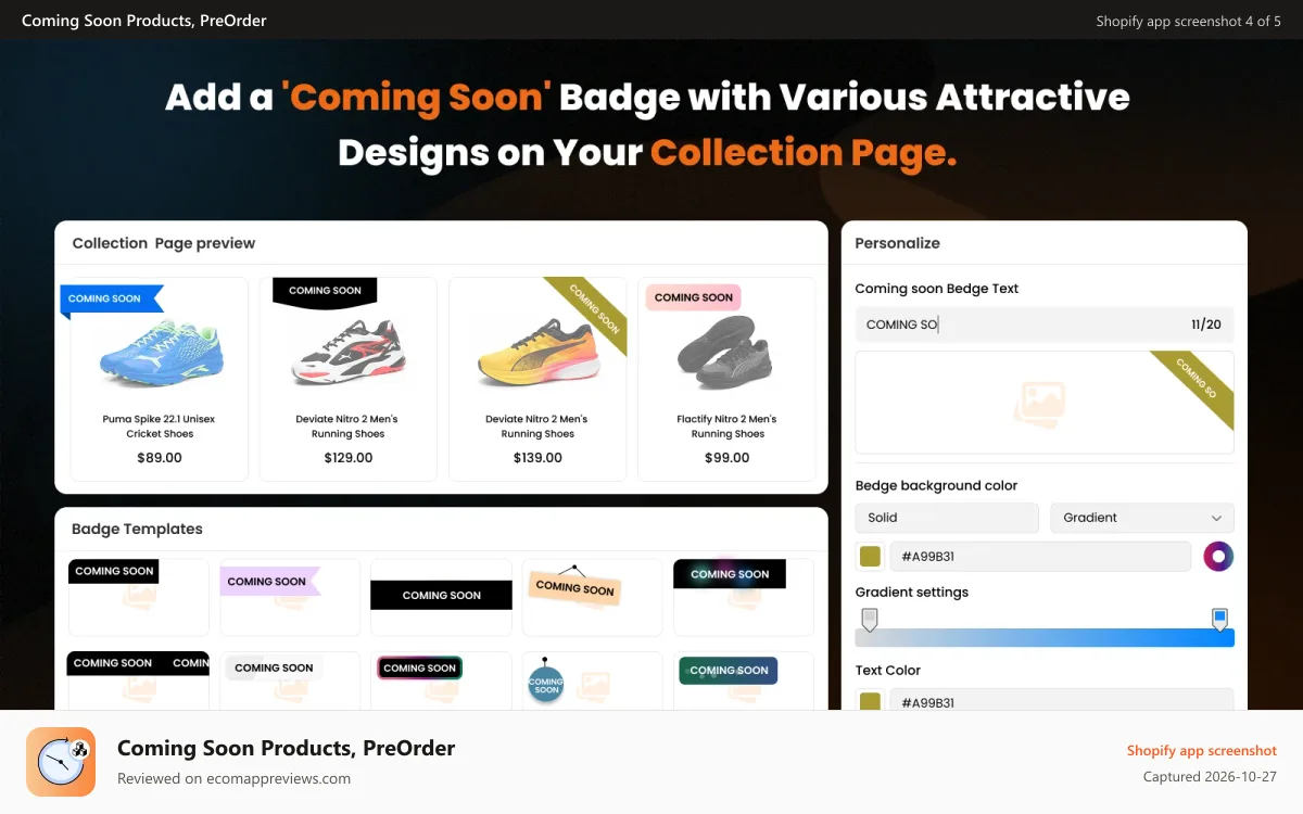 Coming Soon Products, PreOrder Shopify app screenshot: Coming soon label & badge templates with custom text & colors