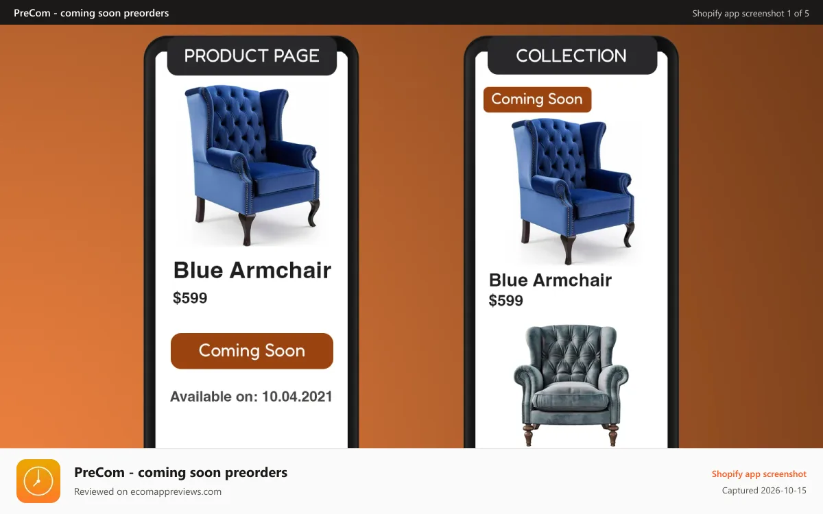 PreCom ‑ coming soon preorders Shopify app screenshot: Coming soon and preorder products on product and collection page