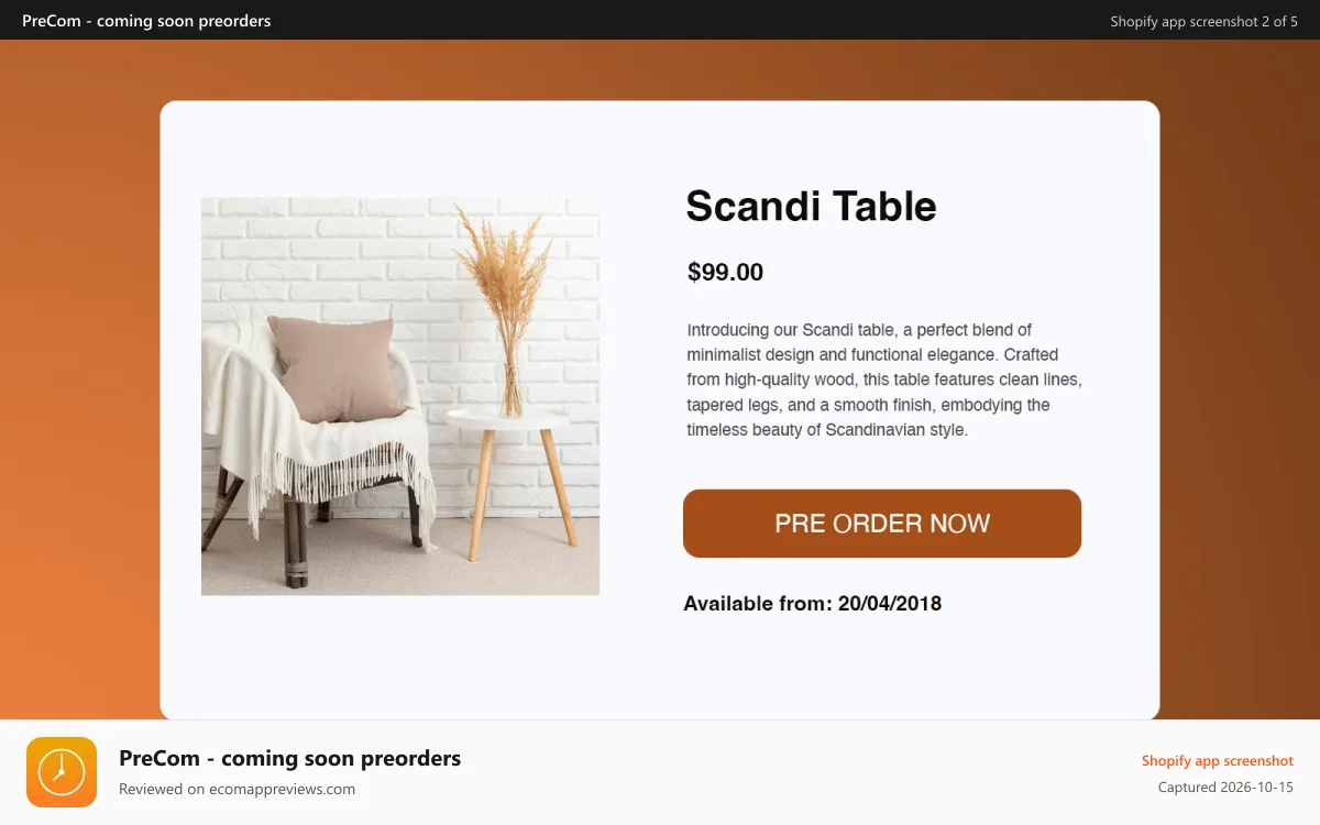 PreCom ‑ coming soon preorders Shopify app screenshot: PreOrder example.