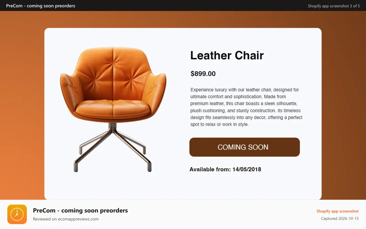 PreCom ‑ coming soon preorders Shopify app screenshot: Coming Soon example.