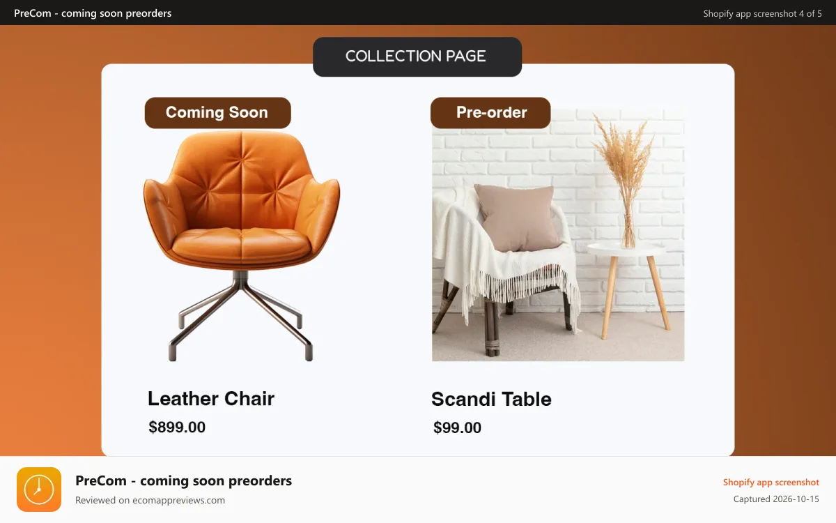 PreCom ‑ coming soon preorders Shopify app screenshot: Coming Soon collection & Preorder page view.