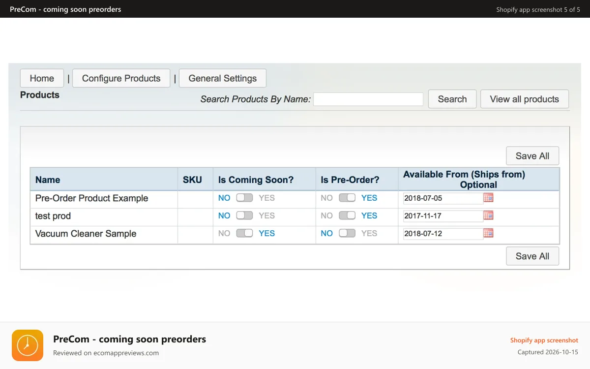 PreCom ‑ coming soon preorders Shopify app screenshot: Settings page.