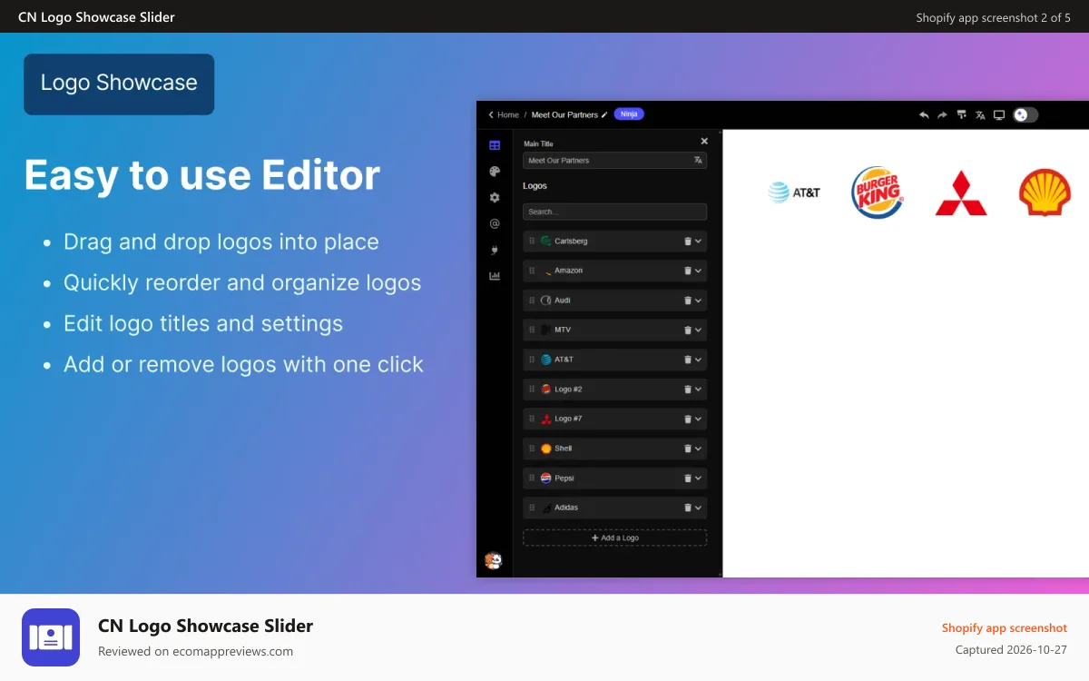 CN Logo Showcase Slider Shopify app screenshot: Easy to use editor