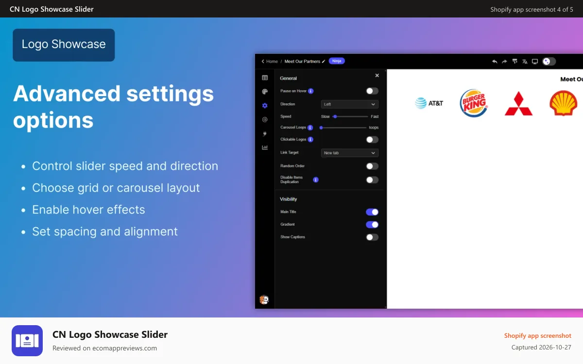 CN Logo Showcase Slider Shopify app screenshot: Advanced settings options