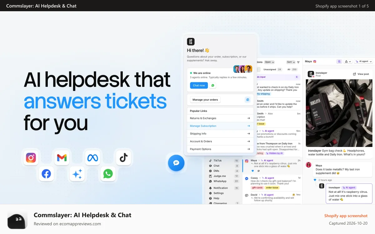 Commslayer: AI Helpdesk & Chat Shopify app screenshot: Support helpdesk & chat inbox with an AI agent