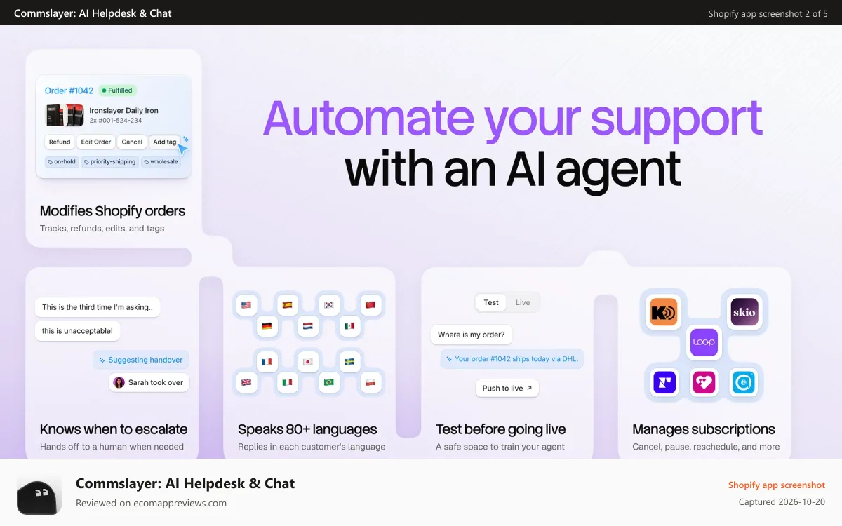 Commslayer: AI Helpdesk & Chat Shopify app screenshot: Automate support with an AI agent