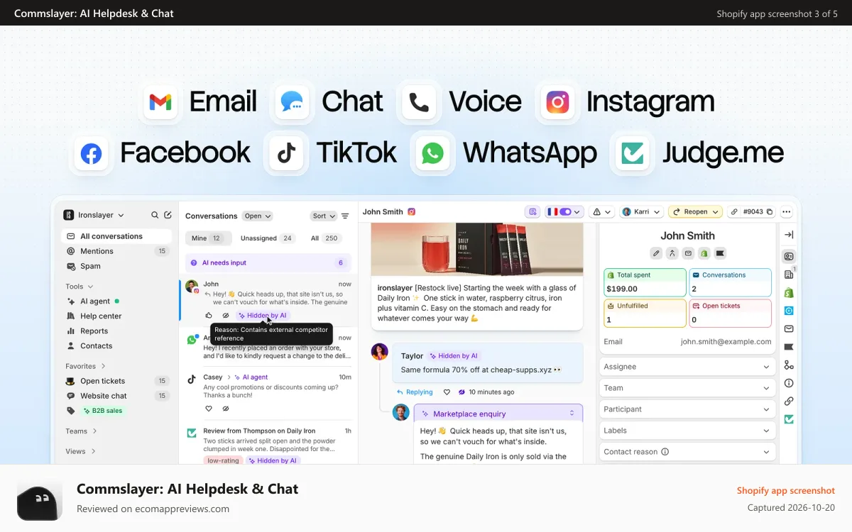 Commslayer: AI Helpdesk & Chat Shopify app screenshot: Connect email, chat, meta, tiktok, whatsapp, and judgeme