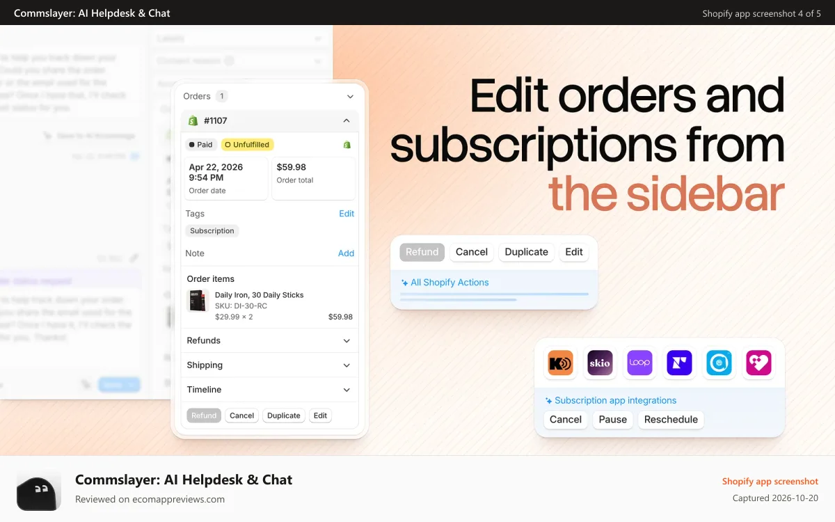 Commslayer: AI Helpdesk & Chat Shopify app screenshot: Refund, cancel and track orders directly on the helpdesk sidebar
