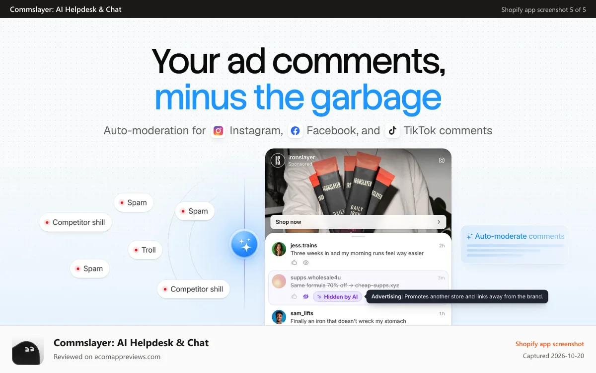 Commslayer: AI Helpdesk & Chat Shopify app screenshot: Social media & ad comments moderation with AI