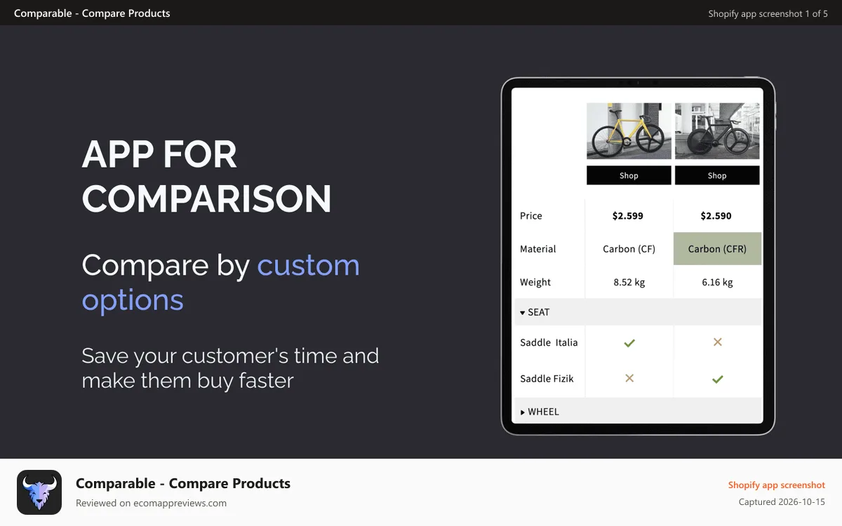 Comparable ‑ Compare Products Shopify app screenshot: Compare by custom options