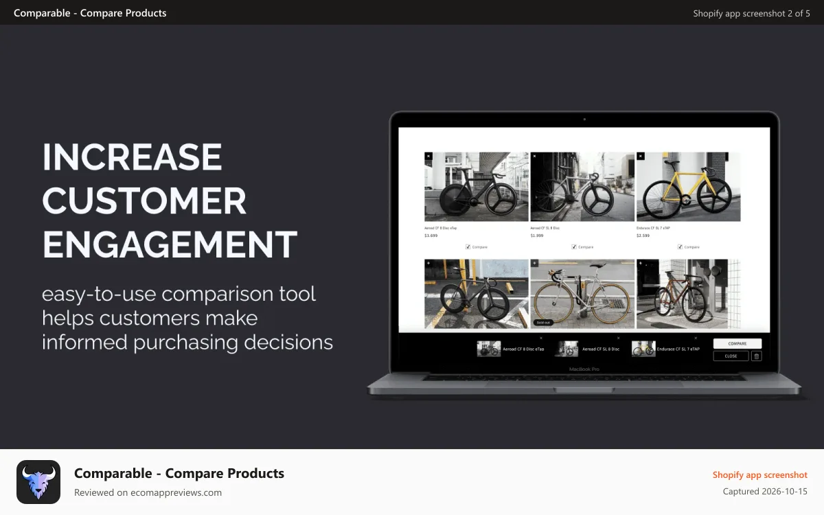 Comparable ‑ Compare Products Shopify app screenshot: Compare products on collection page. Comparison mode.