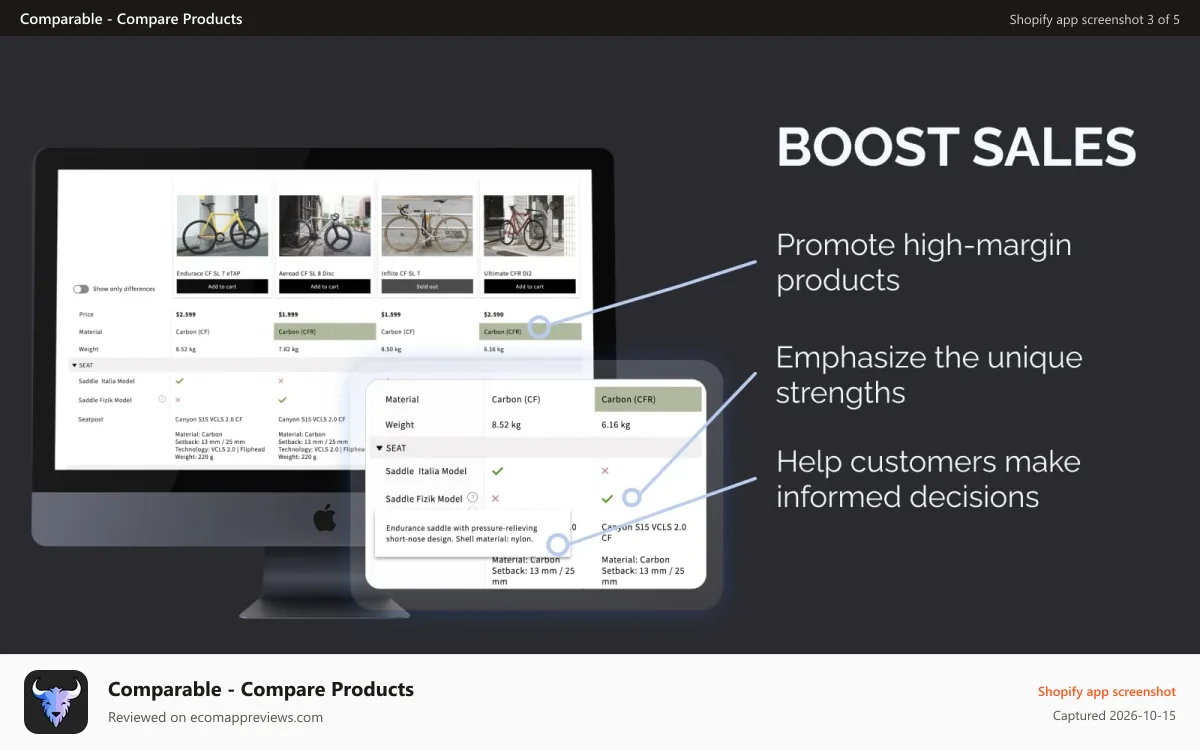 Comparable ‑ Compare Products Shopify app screenshot: Product comparison table on desktop. Compare product by options