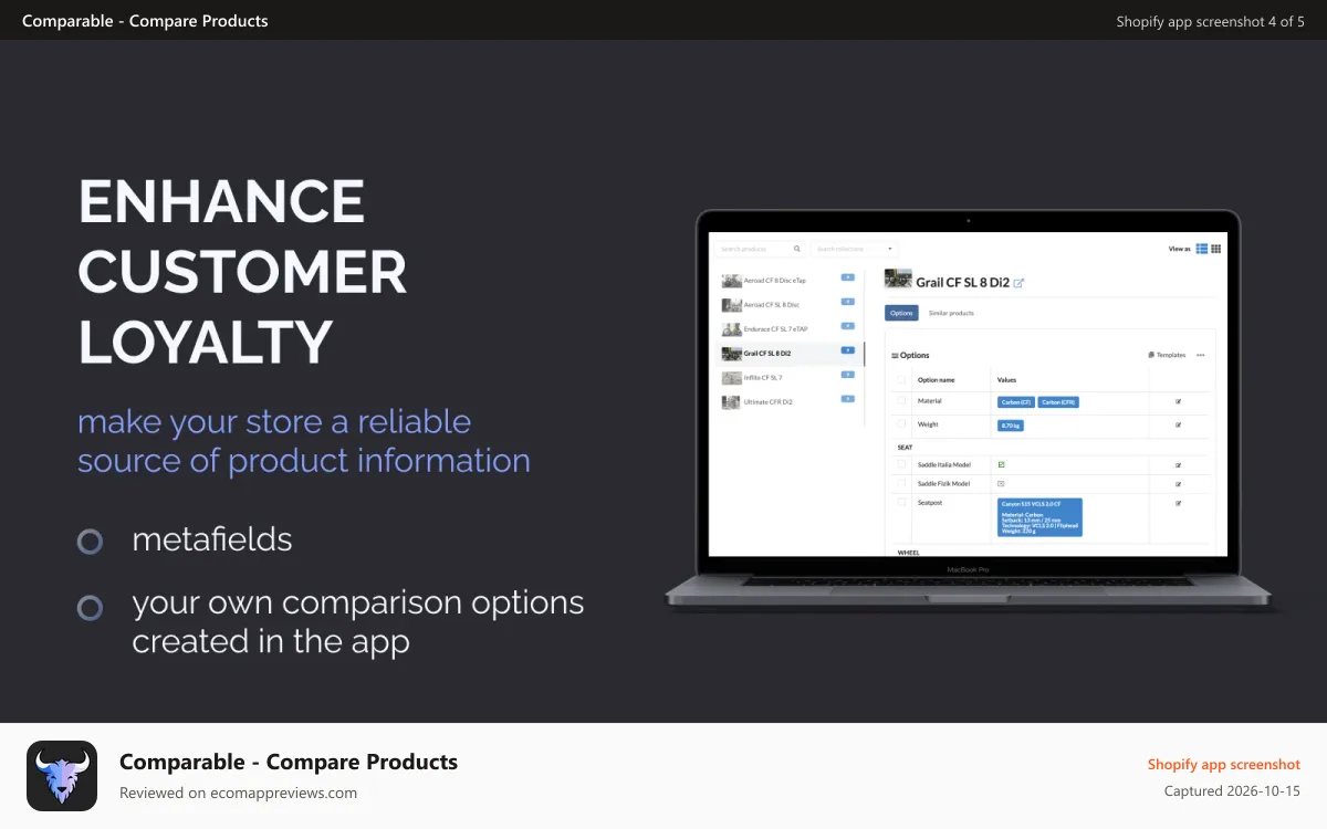 Comparable ‑ Compare Products Shopify app screenshot: Configure comparison fields for the product
