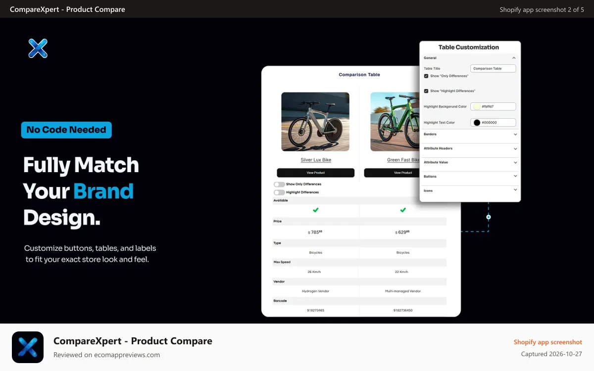 CompareXpert ‑ Product Compare Shopify app screenshot: Comparison Table Customization With Settings