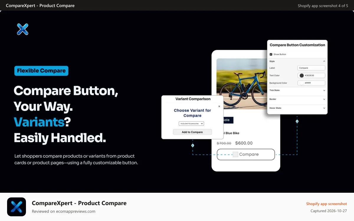 CompareXpert ‑ Product Compare Shopify app screenshot: Compare Button , Select Variant Feature