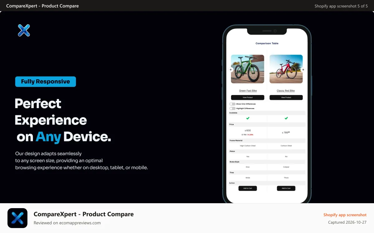 CompareXpert ‑ Product Compare Shopify app screenshot: Compariosn Table On Mobile View