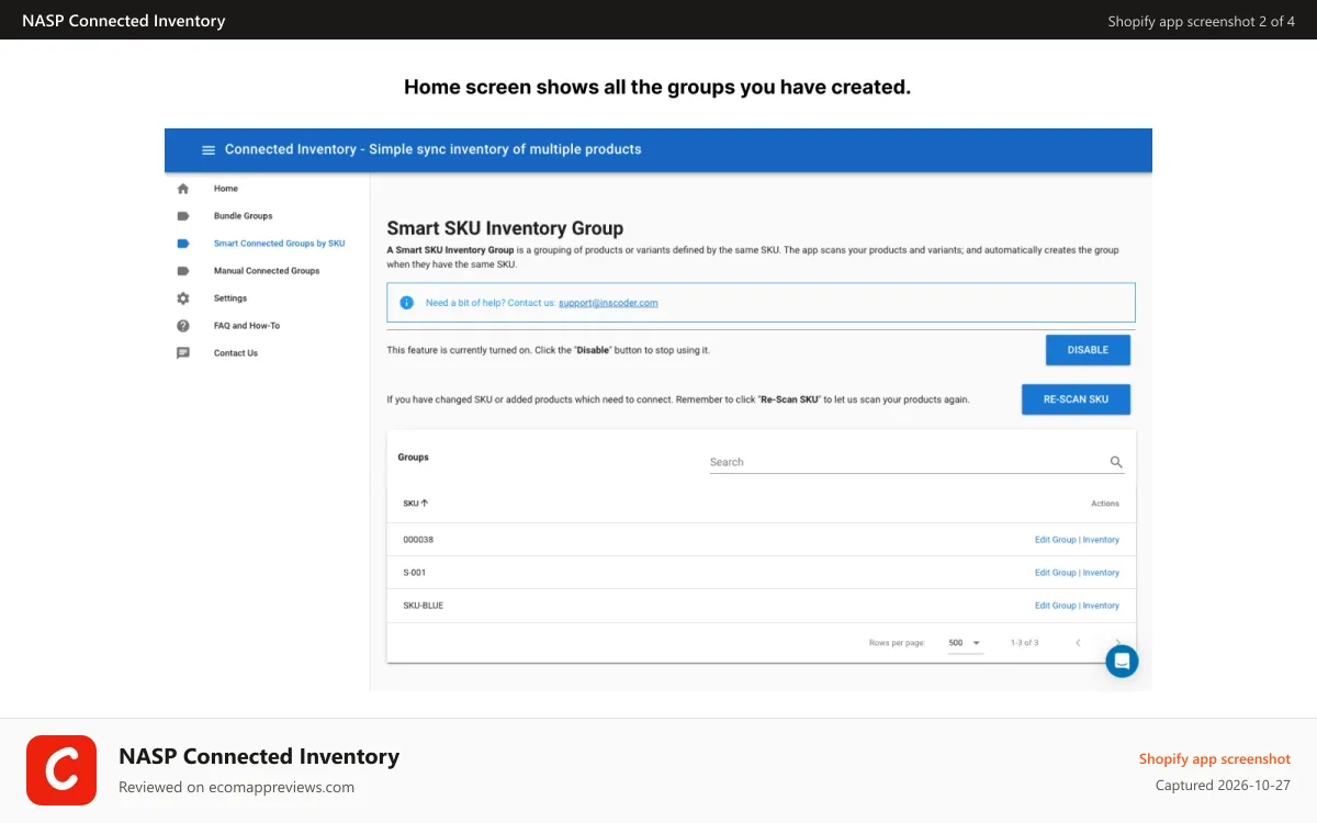 NASP Connected Inventory Shopify app screenshot: Simple Sync inventory in Shopify