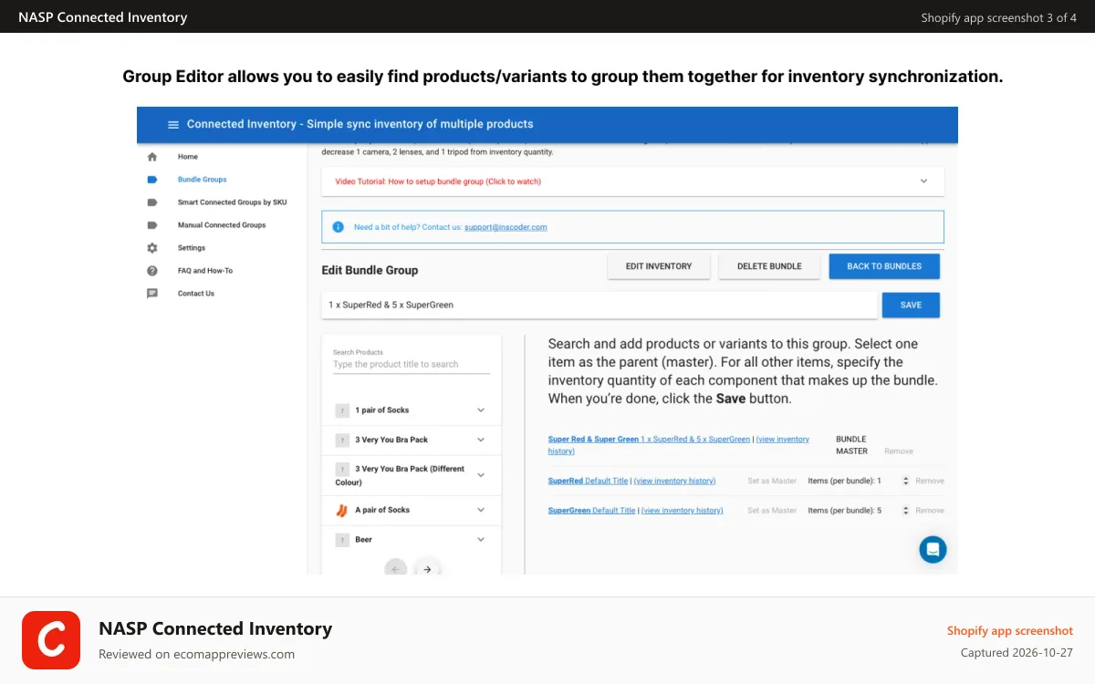 NASP Connected Inventory Shopify app screenshot: Shopify Sync Inventory screen shot