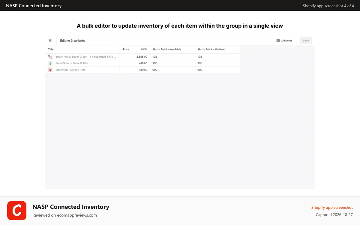 NASP Connected Inventory Shopify app screenshot: SimpleSync Shopify's inventory
