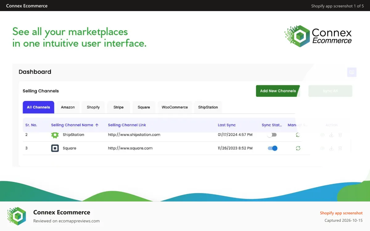 Connex Ecommerce Shopify app screenshot: See all your marketplaces in one intuitive user interface.