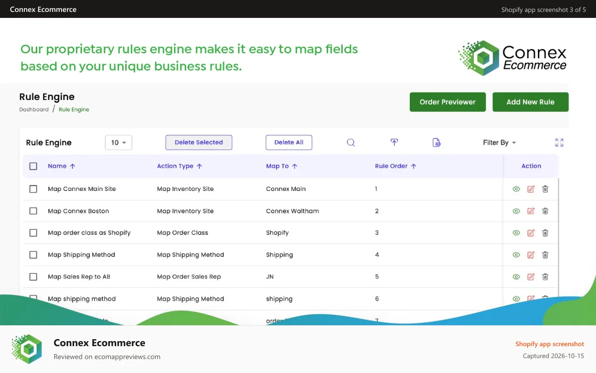 Connex Ecommerce Shopify app screenshot: Map fields based on unique business rules