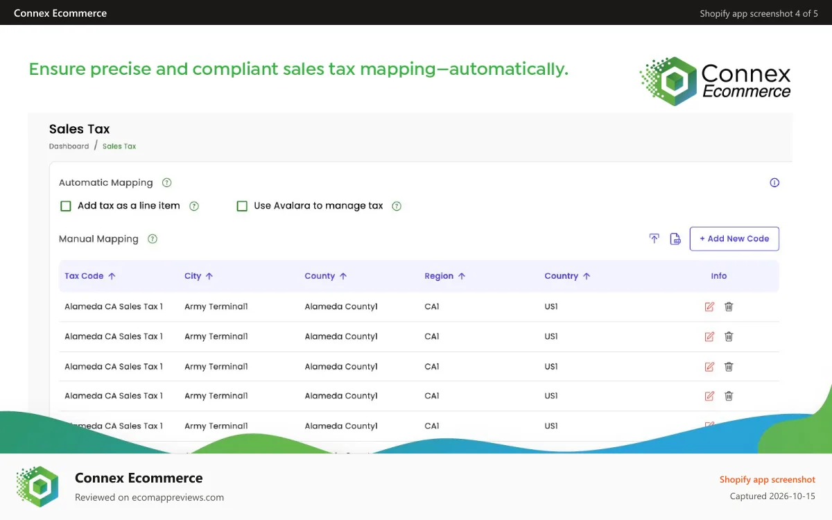 Connex Ecommerce Shopify app screenshot: Ensure precise and compliant sales tax mapping - automatically.