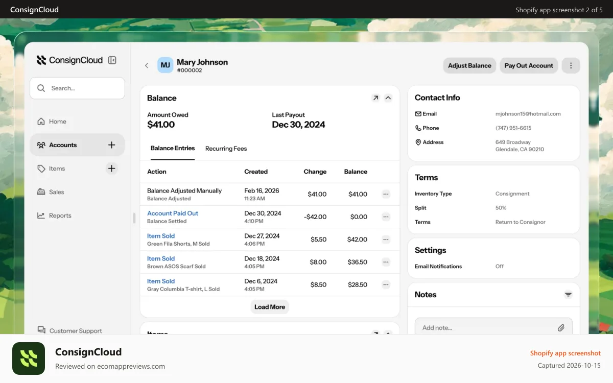 ConsignCloud Shopify app screenshot: View balances, payouts, items and account settings in one place.