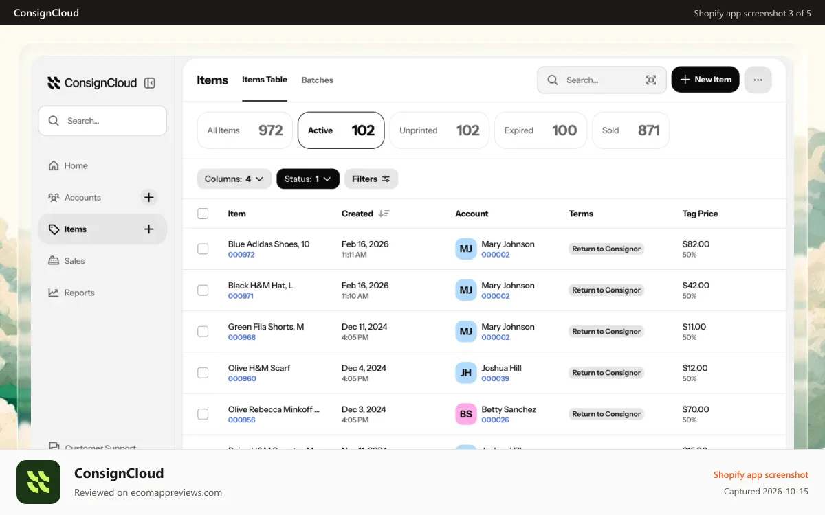 ConsignCloud Shopify app screenshot: Manage inventory with filters for active, sold and expired items