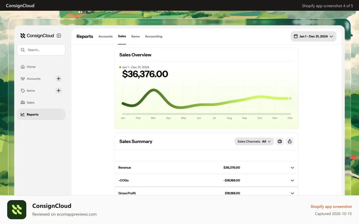 ConsignCloud Shopify app screenshot: Understand your revenue, COGS, and profit with detailed reports.