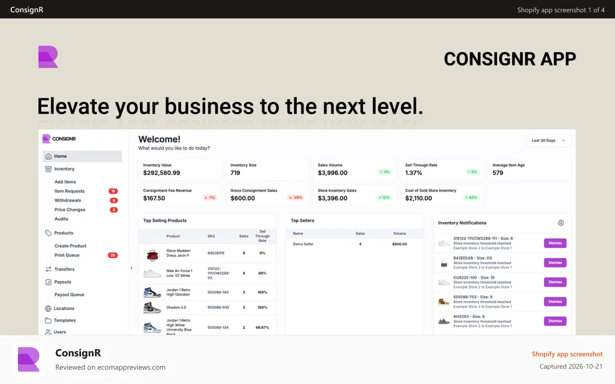 ConsignR Shopify app screenshot: ConsignR Portal