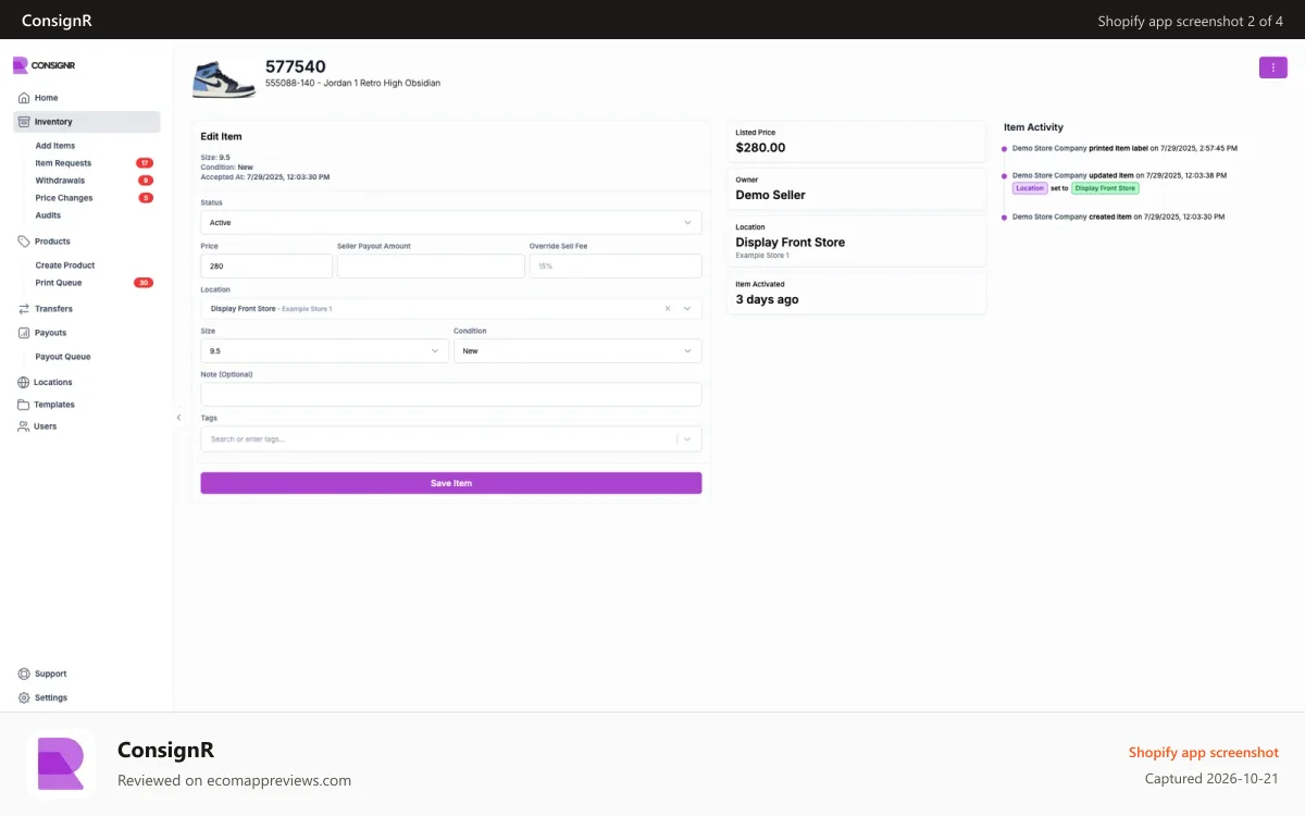 ConsignR Shopify app screenshot: Inventory item management in ConsignR's admin portal